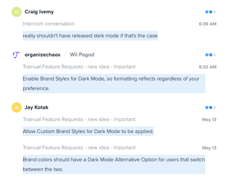 Productboard customer feature requests — three threads from customers (Craig Ivemy, Wil Pagod, Jay Kotak) requesting that brand styles work in dark mode and complaining about contrast issues in the existing implementation
