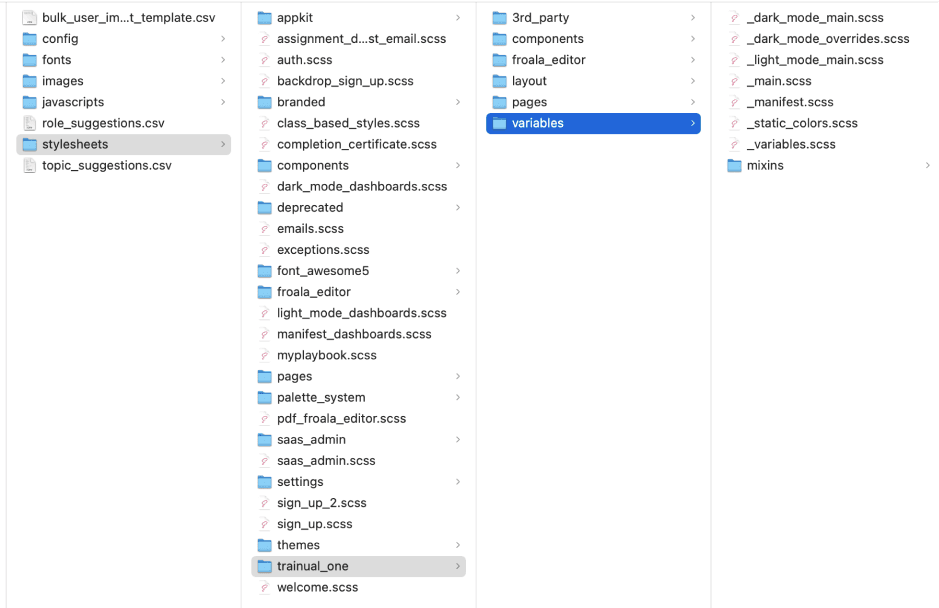 Screenshot of the legacy stylesheet source tree — half a dozen color variable files scattered across different folders, with overlapping variable names and inconsistent organization between them