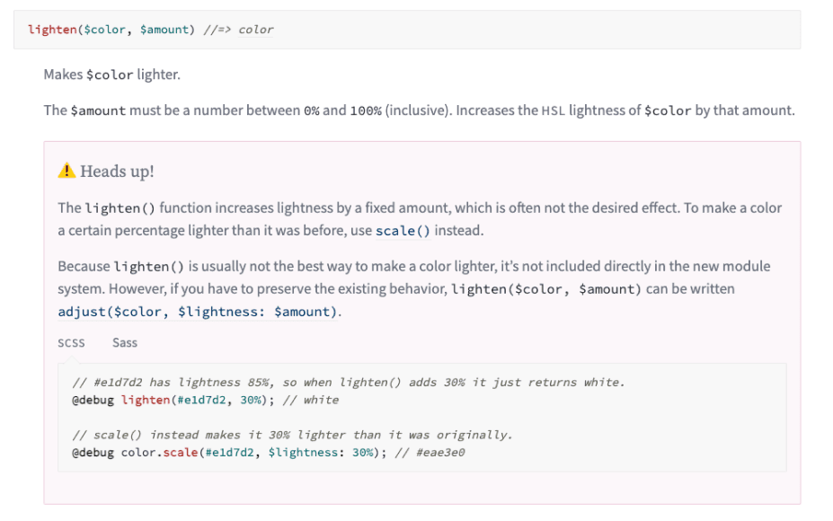 Screenshot of legacy SCSS — a $foundation-hover variable defined as lighten(\$accent-primary-default, 60%), with comments and surrounding variables in the same lighten/darken pattern