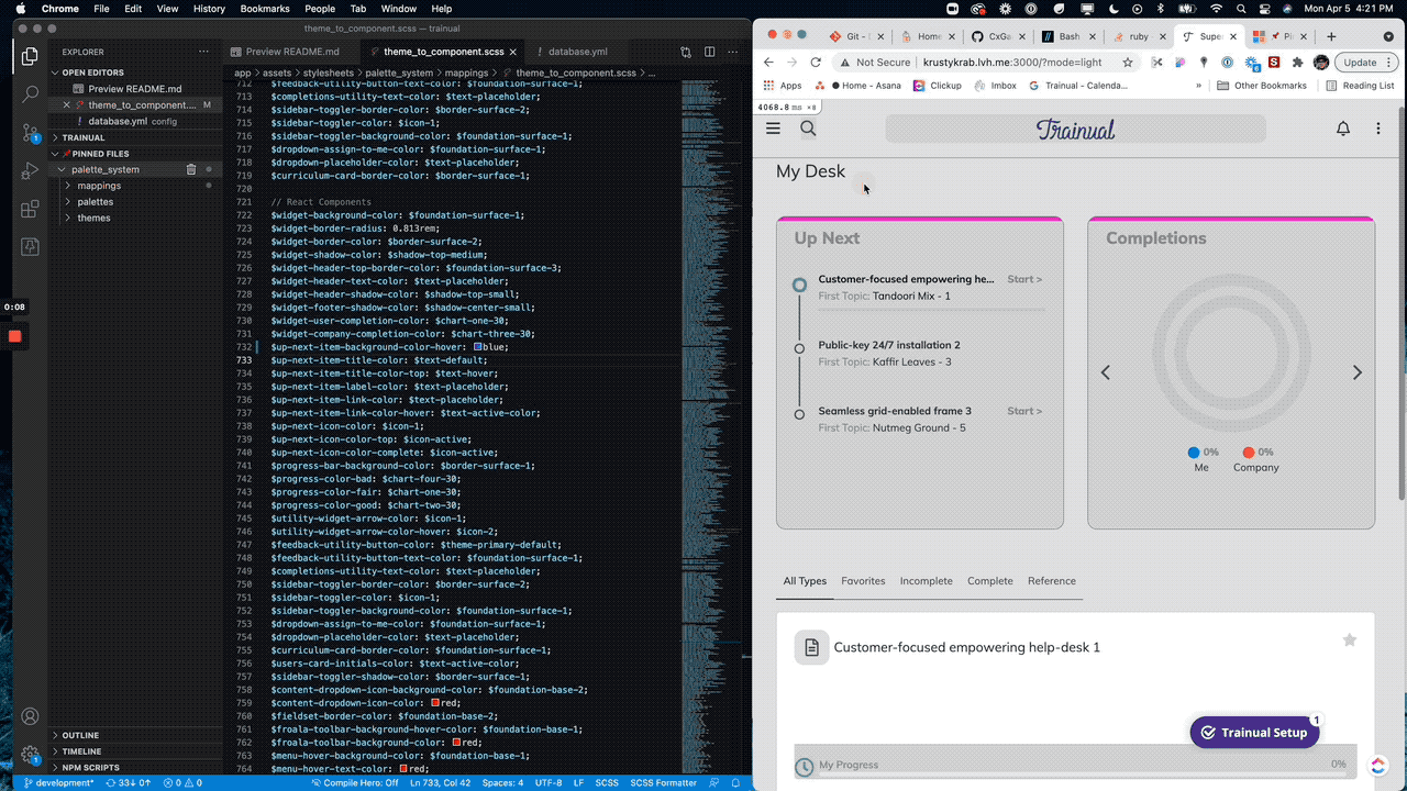Animated screen recording — VS Code on the left showing the theme_to_component.scss file with hundreds of legacy SCSS variables ($up-next-icon-color, $widget-shadow-color, $progress-color-bad, $froala-toolbar-background-hover-color, etc.) being swapped to $red one at a time. Browser preview on the right showing the live Trainual UI with red highlights bleeding through wherever the swapped variable was actually applied