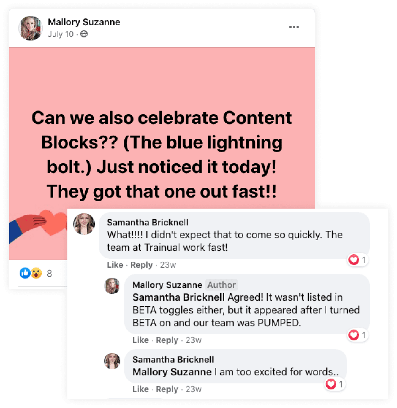Screenshot of the customer-community thread — Mallory Suzanne's post celebrating Content Blocks (the blue lightning bolt embed icon), with reply thread from Samantha Bricknell and Mallory Suzanne about how fast the feature shipped