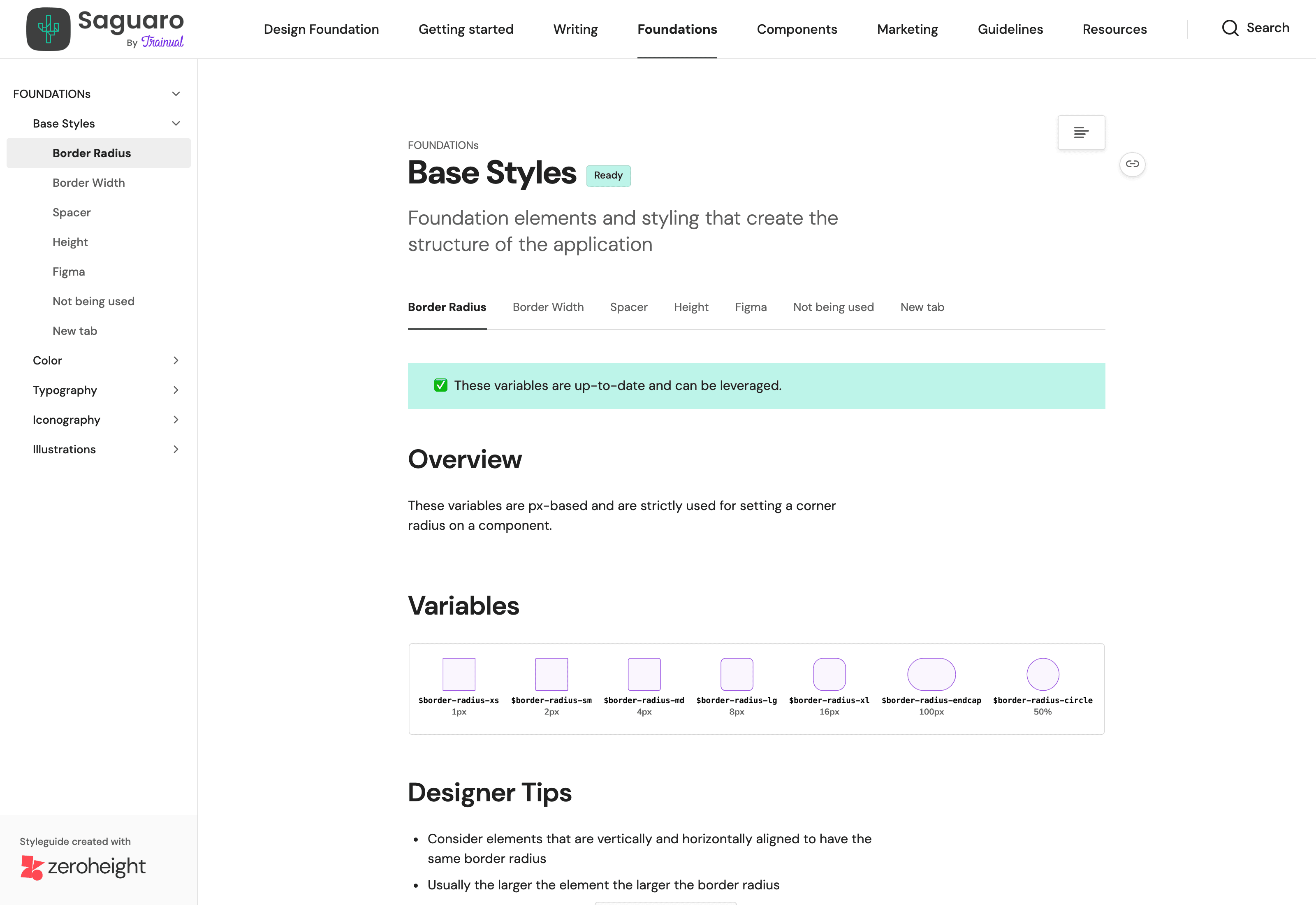 The Base Styles page at saguaro.trainual.com — full Zeroheight chrome with nav, sidebar, and live SCSS variables rendered as swatches