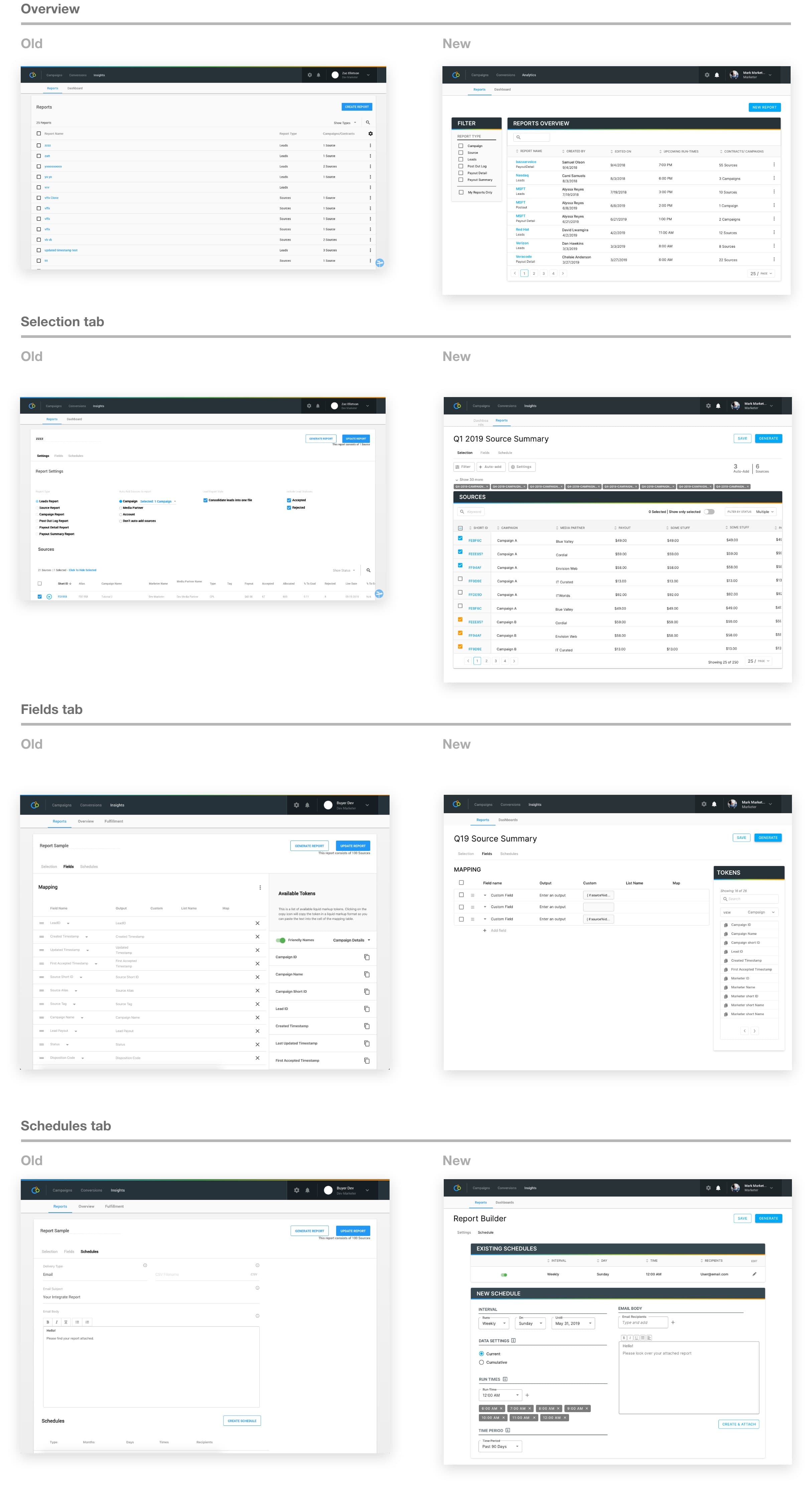 Before and after of the Integrate reporting surface — legacy report runner replaced by the configurable dashboard