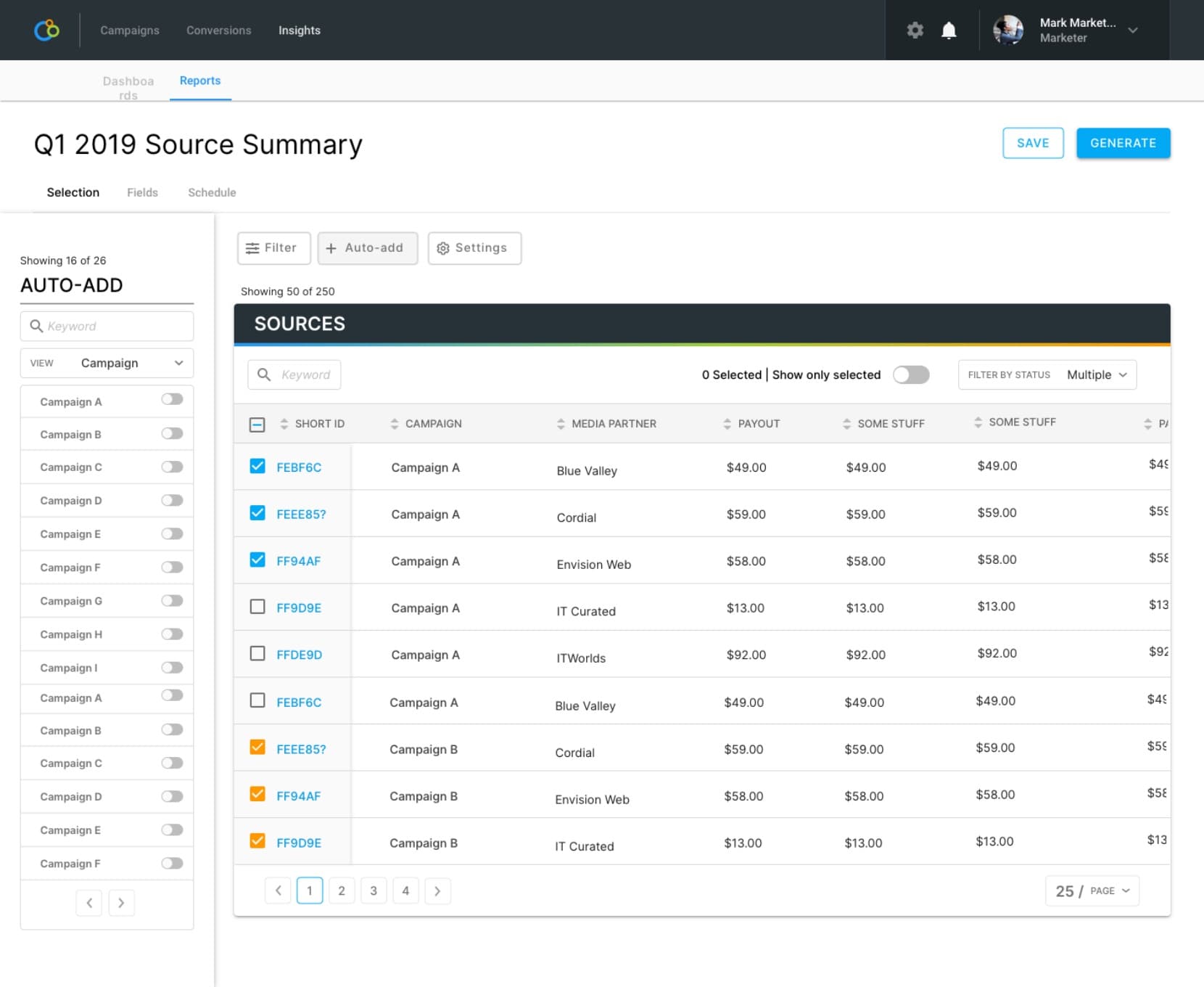 The shipped Reports Selection tab — Filter / Auto-add / Settings buttons at the top of the canvas, the Auto-add drawer expanded on the left showing a searchable Campaigns list with toggles, and the sources table rendered on the right