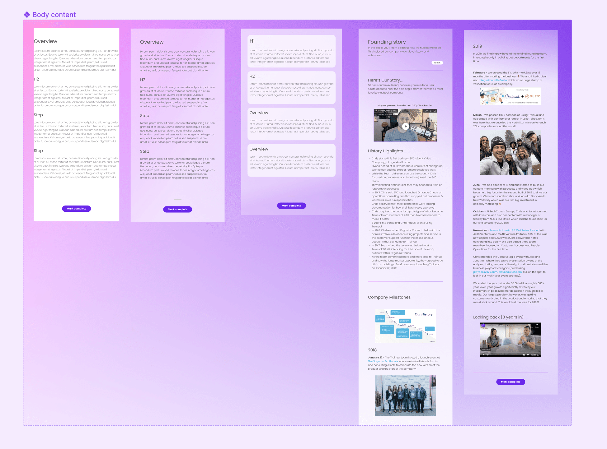 A glassmorphism desktop frame from the vision — translucent content panels overlapping at depth, with body content sitting on a soft purple gradient and a founding-story panel anchored to the right