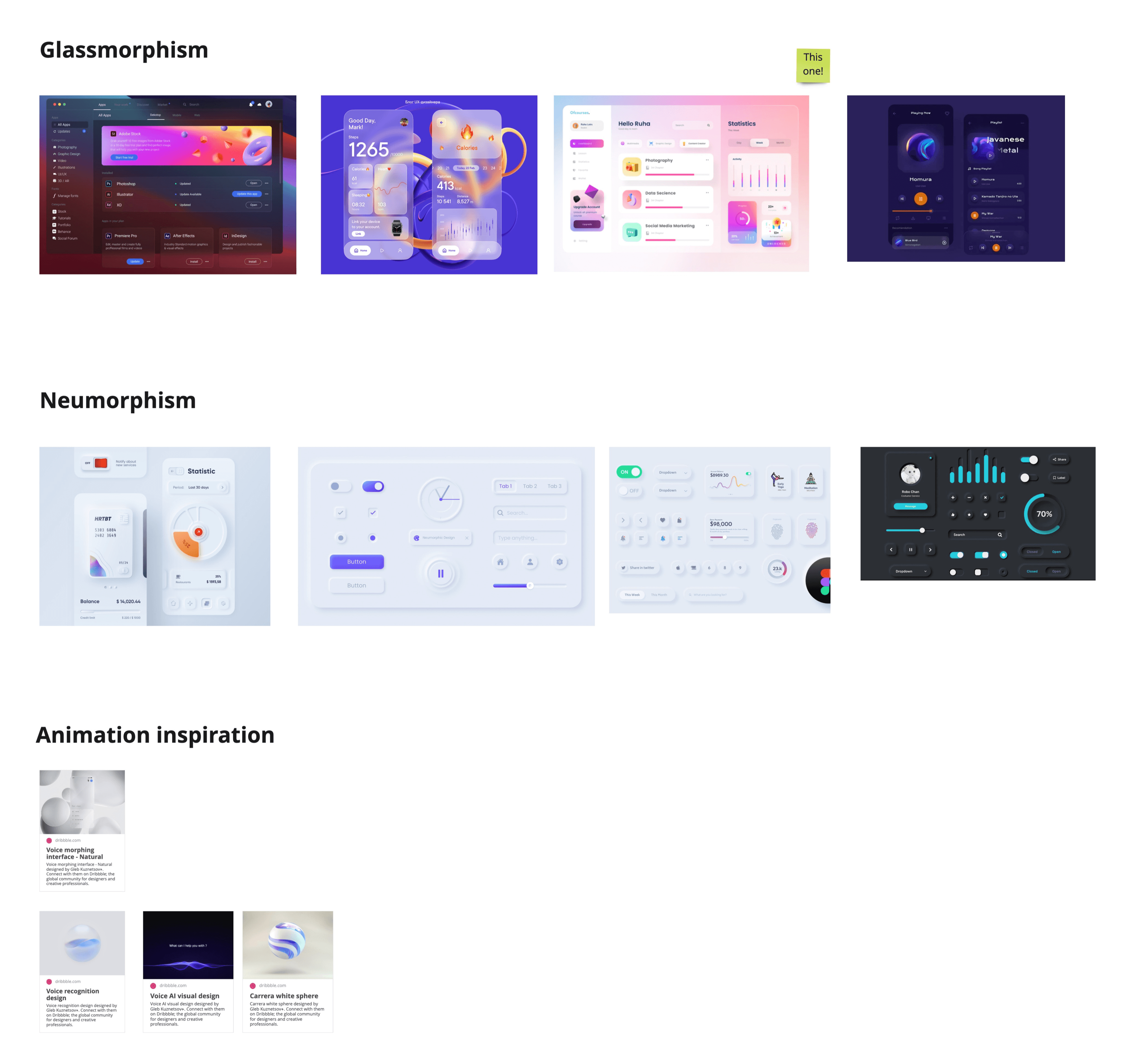 The visual-language exploration board — four Glassmorphism candidates (one starred 'This one!'), four Neumorphism alternatives, and a row of animation inspiration thumbnails below
