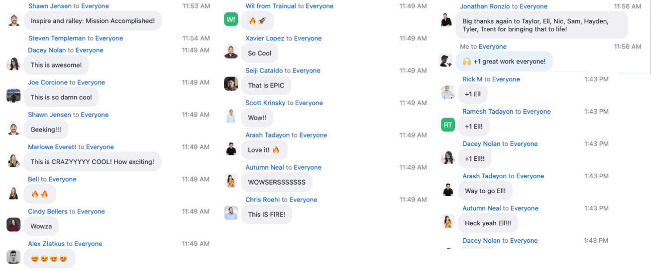 Three-panel screenshot of the company-wide Zoom chat from the Q2 all-hands rollout — dozens of reaction messages from team members across the company, including the quoted Shawn J., Joe C., Marlowe E., Seiji C., and Chris R. plus many more