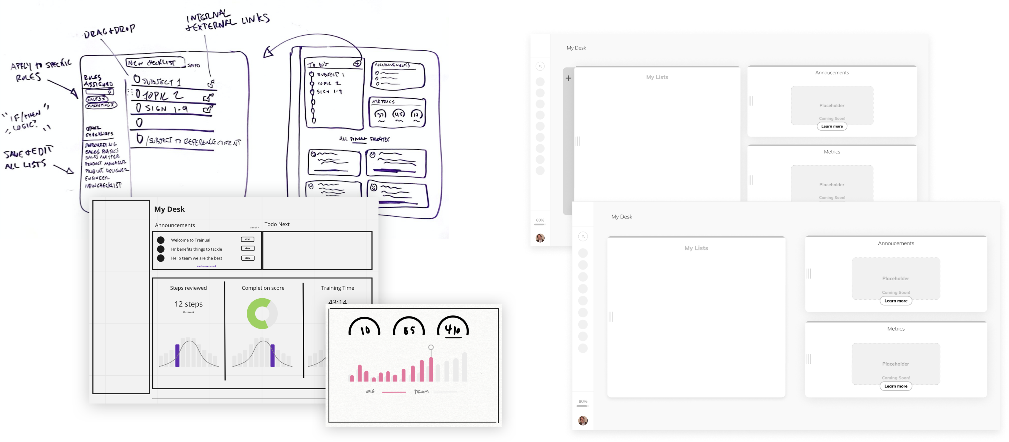 Wireframes and sketches of the modular widget container system — annotated layout zones showing how widgets snap into a responsive grid, plus three example widget renders (a steps list, a chart, an emoji feed)