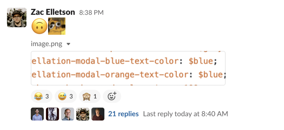 Slack post from Zac at 8:38 PM — emoji reactions and a code screenshot showing 'ellation-modal-blue-text-color: $blue;' followed by 'ellation-modal-orange-text-color: $blue;' — the same blue mapped to both blue and orange text variables. 3 laugh-cry, 3 nervous-laugh, 1 see-no-evil reactions, 21 replies