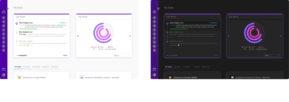 The same Trainual UI re-themed as a neon variant — magenta and electric purple accents on a darker surface, demonstrating that the theme layer could carry significantly different visual identities without rebuilding components