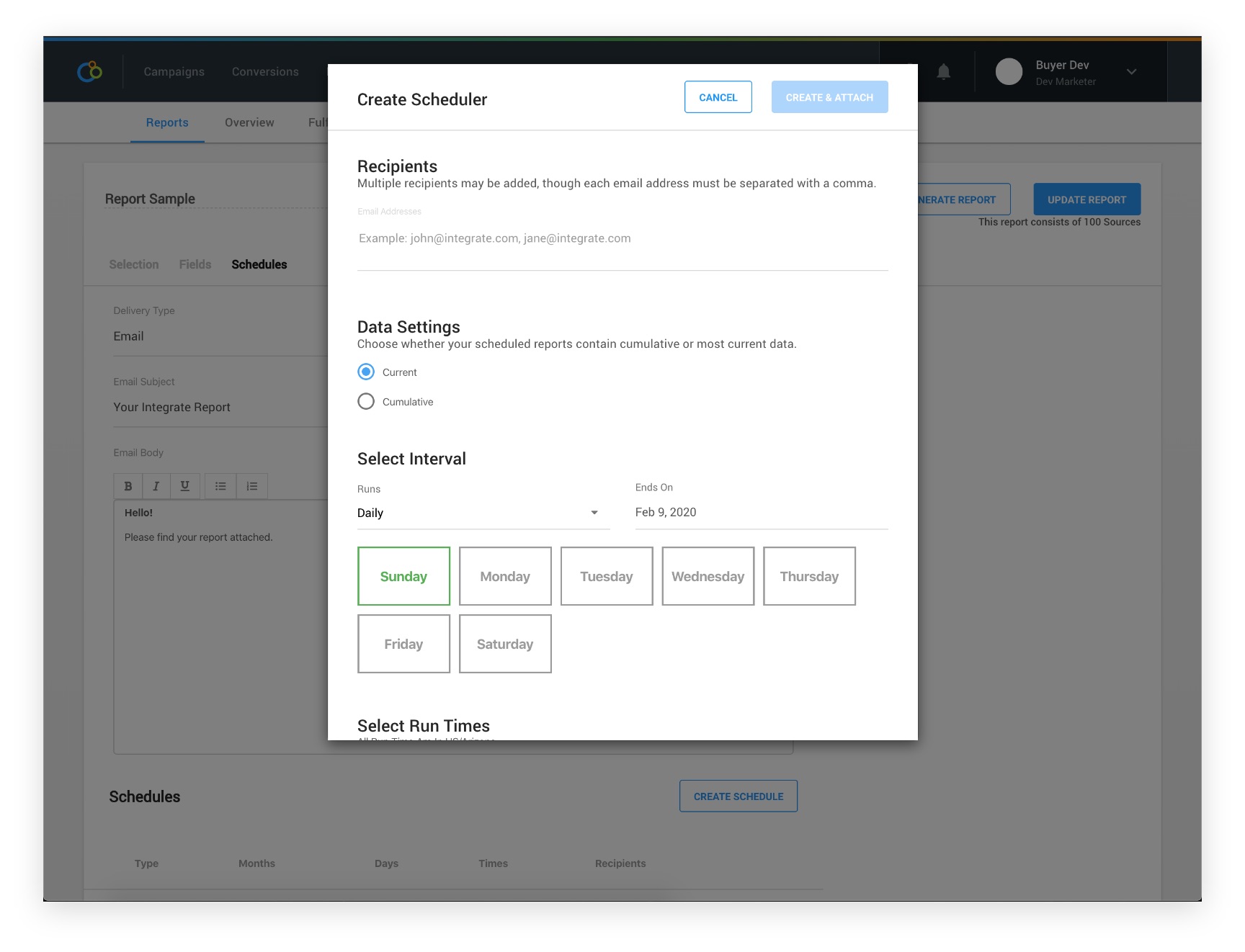 Legacy Schedules tab — the actual schedule controls tucked into a small modal, with the page body showing only the email content rather than the schedule configuration