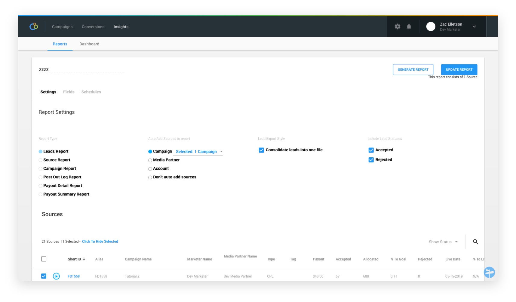 Legacy Reports Settings page — a cramped form layout with Settings, Fields, Schedules tabs at the top, a flat list of source rows below, and no procedural cues about what to do first