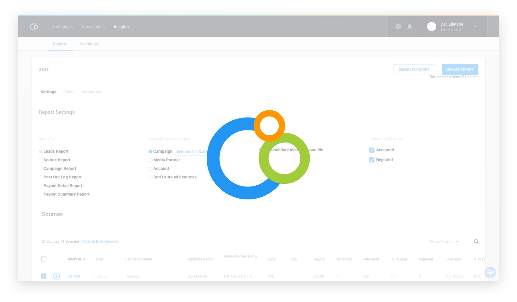 Reports Settings page covered by a three-circle spinner loading overlay — the most-seen state for users running larger reports