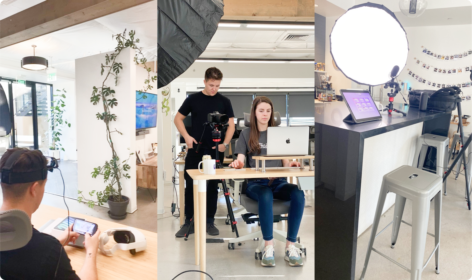Behind-the-scenes photo from Visiontype filming week — Nic the videographer setting up a shot of the iPad org-chart interaction at a desk lit with practical lighting